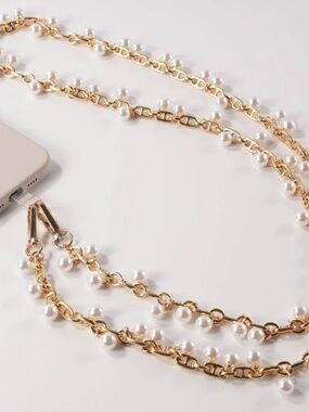 Hello Lux Phone Crossbody Strap Gold Tone Metal Chain with White Faux Pearls